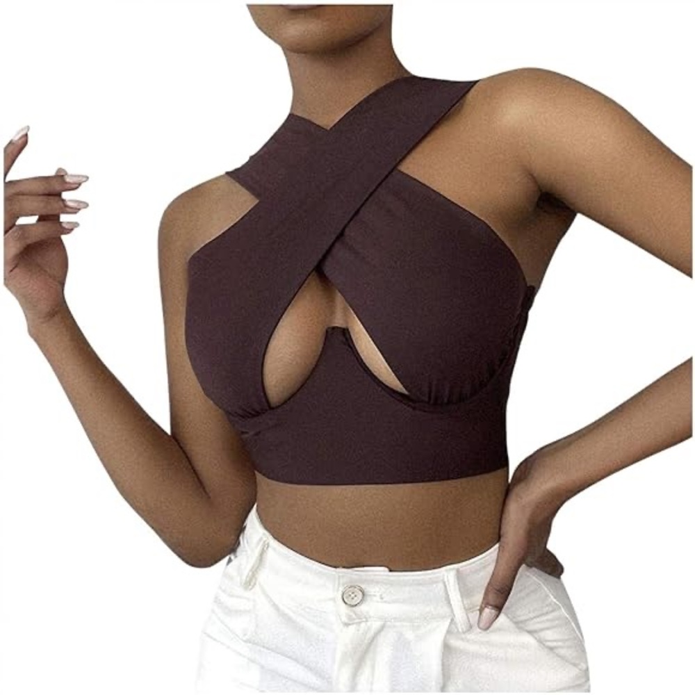 Chocolate Brown Tiktok Cross Wrap Crop Sleevless Top Sexy Going Out Size Small